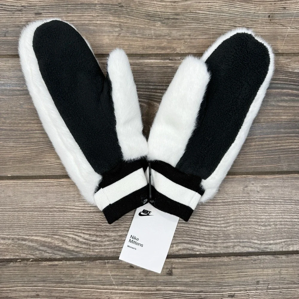 Nike Women's Faux Fur Warm Mittens Glove Size‎ XS/S White Black Furry NEW